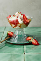 Rice pudding mousse with strawberries and rhubarb