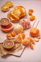 Various citrus fruit mandarine, pink graefruit, kumquat, orange and blood orange