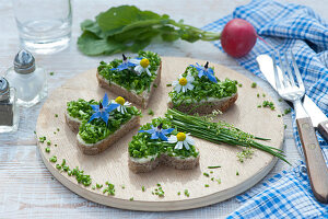 Kleiner Brotzeit-Teller mit herzförmigen Broten mit Butter, Schnittlauch und Blüten von Borretsch und Kamille