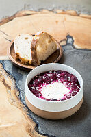 Purple shakhuka (beetroot with egg and horseradish)