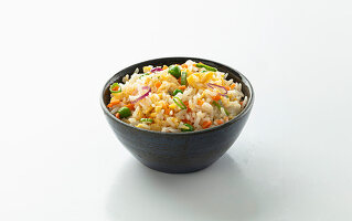 Chinese rice with egg and vegetables, a blue bowl