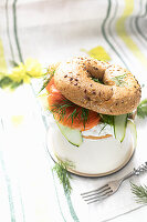 Bagel with cream cheese and smoked trout