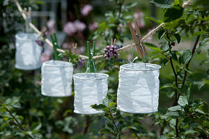 Weiße Papierlampions und Blüten vom Eisenkraut mit Wäscheklammern an Schnur gehängt