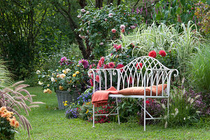 Bench at the bed with dahlias, stake reed 'Variegata', roses, Chinese reeds, dost, feather bristle grass, verbena, pillow aster and knotweed, rose in a basket