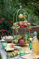 Etagere with apples and ornamental apples as table decoration, bottle with apple juice, plates and glasses