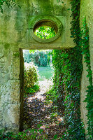 Doorway in overgrown stone wall