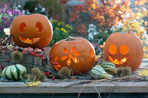 Halloween-Kürbisse mit Gesichtern und Blumendekor, Zierkürbisse, Maronen und Zweig mit Hagebutten