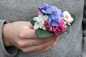Hand holding a small bouquet of various flowers of African violets leaves as cuff