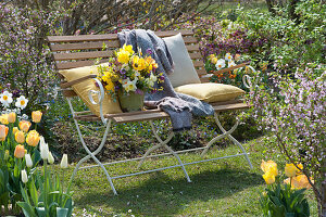 Frühlingsstrauß mit Tulpen und Narzissen auf Bank am Beet