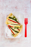 Vegan asparagus quiche with pepperoni and silken tofu
