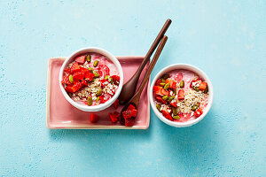 Strawberry yoghurt with oat flakes and pistachios