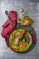 Wild garlic (ramp) frittata with bacon slices