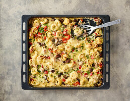 Tortelloni casserole with turkey, mushrooms, and peppers