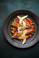 Artichokes on a ratatouille vinaigrette with saddle of rabbit