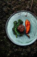 Venison roulade with sweet potatoes, shiitake mushrooms and wild broccoli