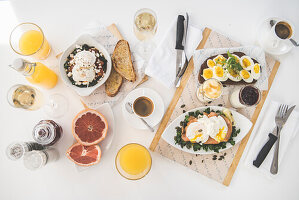 Breakfast: eggs on toast, shakshuka, eggs florentine with smoked salmon and yogurt