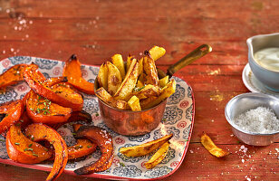 Im Ofen gebackener Kürbis und Pommes mit Aioli