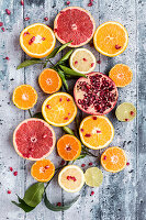 Various citrus fruits, orange, tangerine, grapefruit, lime, lemon and pomegranate