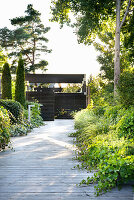 Long, wide wooden path framed by climbing vines and ivy