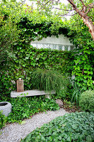 Hidden seating area surrounded by climbing plants in garden