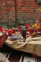 Low picnic table with autumn decorations in garden