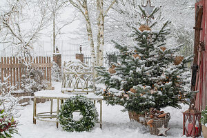 Decorated Nordmann fir tree in the snowy garden