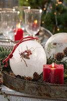 Ice ball with rose hips, cones and red candle