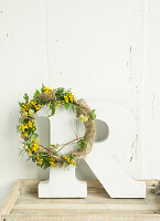 Wreath made of tansy (Tanacetum vulgare), hops (Humulus), blackberry leaves (Rubus) and sack ribbon