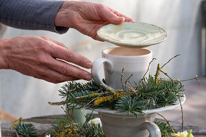 Winter decoration made of cups, saucers, and fir branches