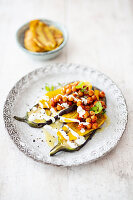 Caribbean patacones with grilled aubergines and chickpeas