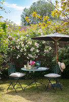 Charming seating area with parasol in front of blooming roses in the garden
