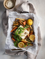 Root vegetable plate with chickpeas, hot feta cheese and lemon aioli