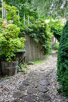 Winding path of gravel and wooden discs in the garden