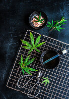 top view of Organic hemp leaves over dark table and near scissor