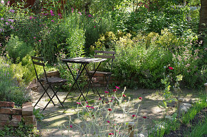 A shady seating area in a midsummer garden