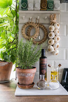 Kitchen worktop with herb pot and spices