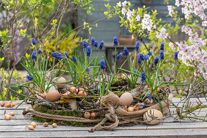 Osterkranz mit Ostereier und Traubenhyazinthen (Muscari) und Zwiebeln