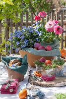 Easter eggs with cress in jars on wooden disc, bread basket and flower bowl with ranunculus and forget-me-not, cutlery on garden table