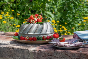 Cake tin decorated with fresh strawberries on rock slab in the garden