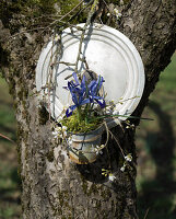 Topfdeckel mit Töpfchen, gefüllt mit Iris und Pflaumenblüten