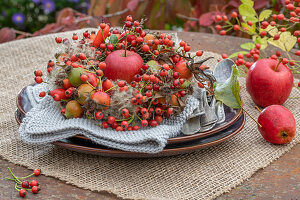 Herbstkranz aus Clematiszweigen und Hagebutten