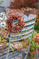 Autumn wreath of clematis twigs and rose hips