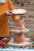 Homemade cake stand made of clay pots and wooden discs with rose hips