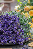 Freshly cut lavender on wooden table