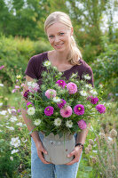 Dahlias and Love-in-a-Mist in clay pot