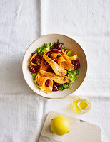 Vegan carrot and bean salad with spiced pear