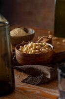 Wooden bowl with hazelnuts