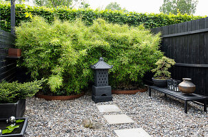 Asian-inspired garden with graveled area and bamboo
