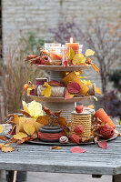 Herbstlich dekorierte Etagere auf Gartentisch