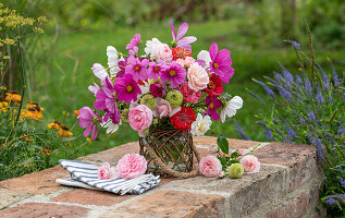 Blumenstrauß aus Cosmea (Cosmos), Zinnien (Zinnia), Rosen 'Double Delight' (Rosa) auf Gartenmauer, Sonnenhut (Echinacea) im Blumenbeet